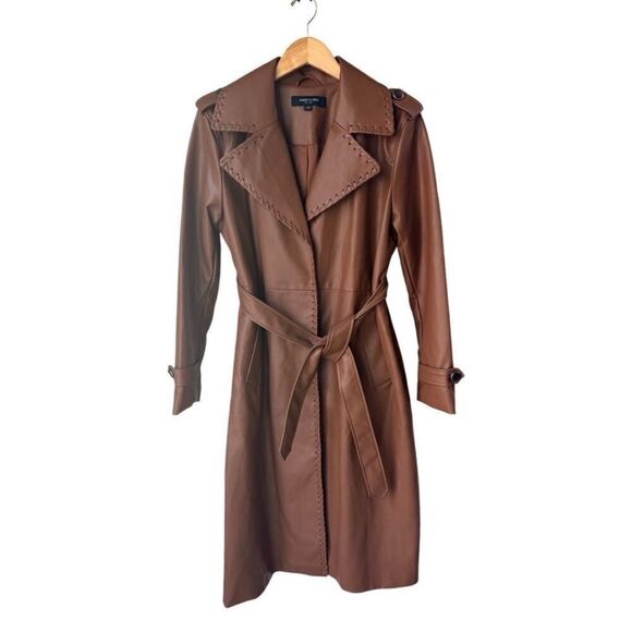 NWT Kenneth Cole Faux Leather Belted Trench Coat In Cognac SP - Picture 8 of 12